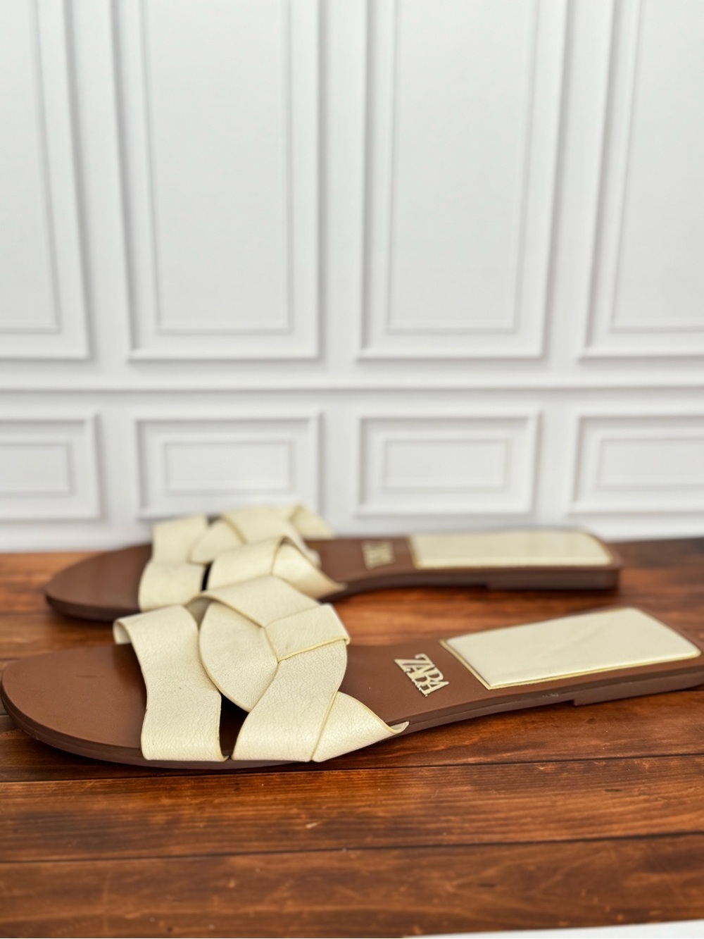 Zara leather Cream Braided Flat Slide Sandals